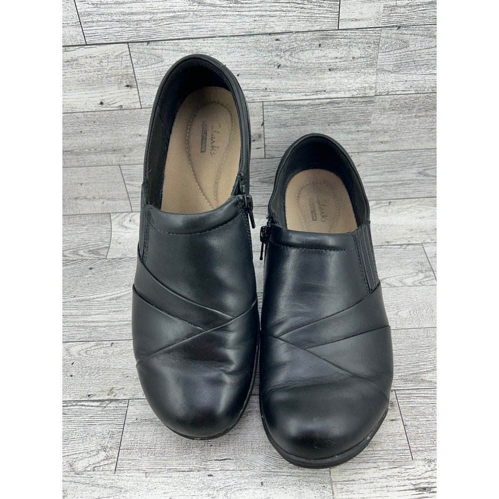 Clarks Collection Black Leather Zip Loafers Wedge Shoes Women Size 10M